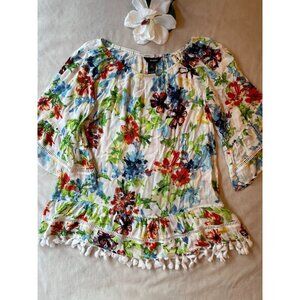 Ali Miles Floral Off-Shoulder Blouse With Tassel Hem Cottagecore Boho Bohemian